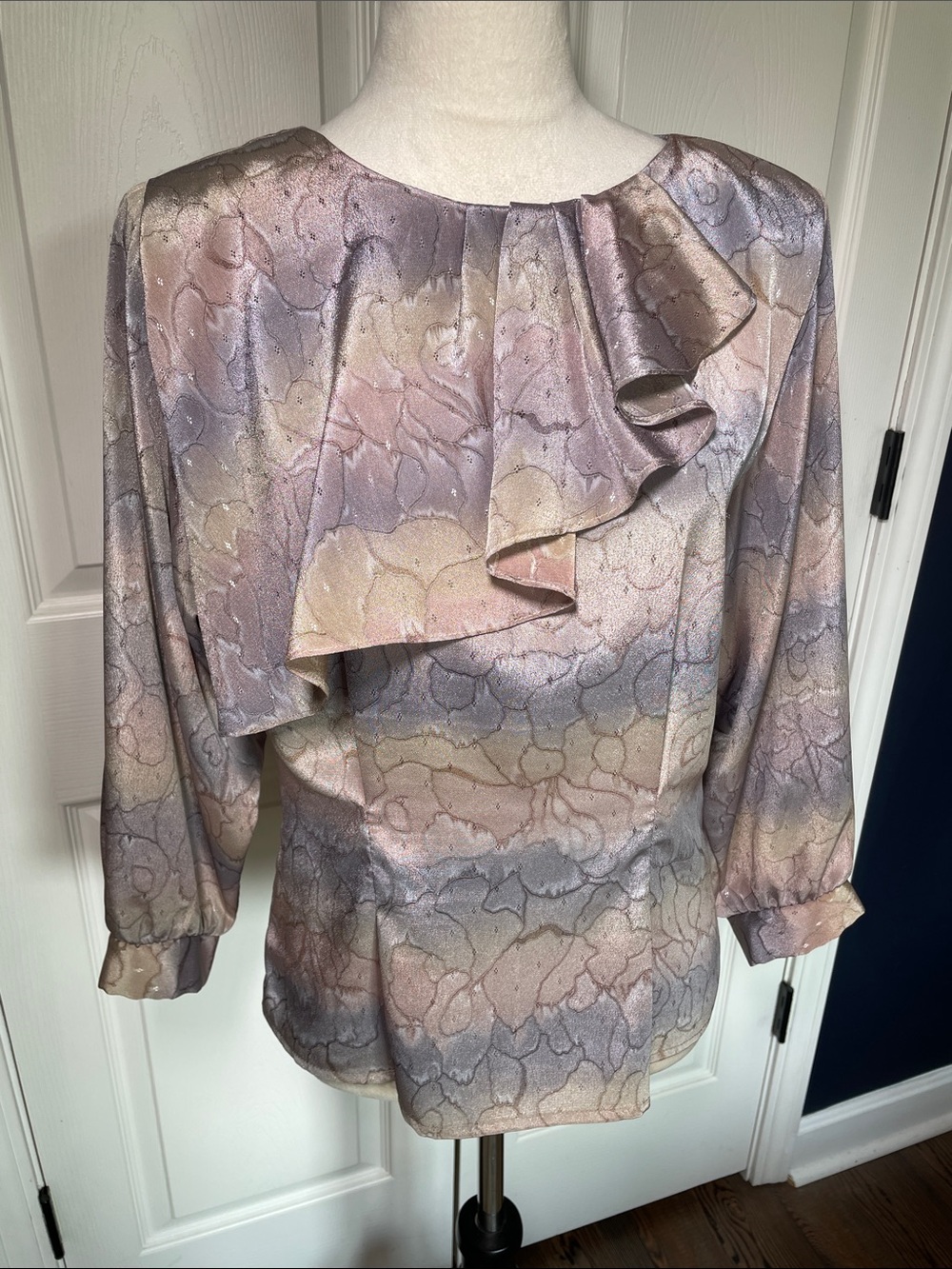 Vintage 80s Jonathan Martin Pastel Watercolor Ruffle Secretary Blouse M